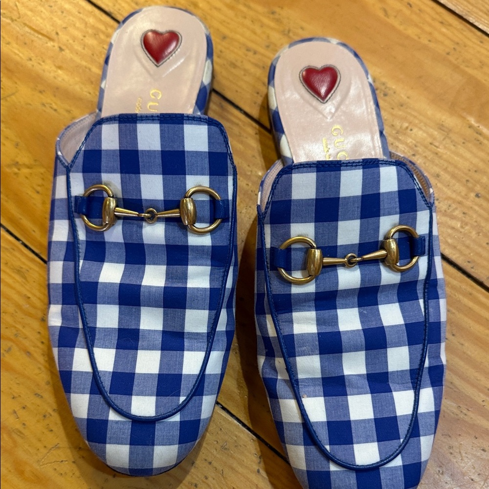 Gucci Blue and White Gingham Horsebit Slide Mules